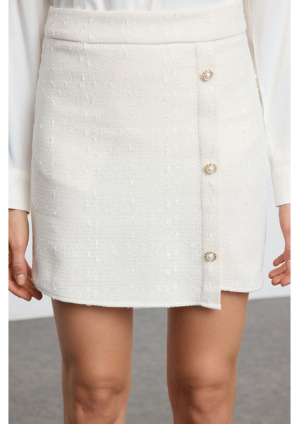 Kadın Moda Stil Mini Astarsız Dokuma Düğmeli Tüvit Kumaş Mini Dokuma Etek