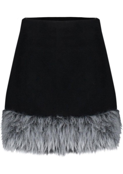 Kadın Moda Stil Mini Astarsız Dokuma Limited Edition Etek Ucu Peluş Detaylı Süper Mini Dokuma Etek