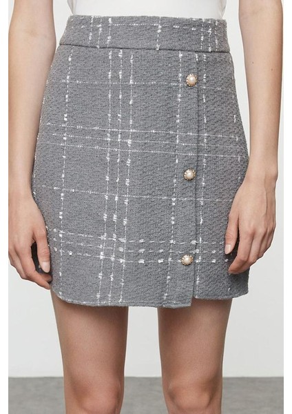 Kadın Moda Stil Mini Astarsız Dokuma Düğmeli Tüvit Kumaş Mini Dokuma Etek