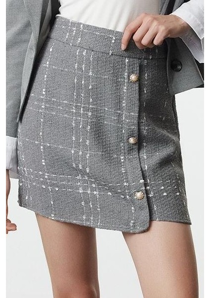 Kadın Moda Stil Mini Astarsız Dokuma Düğmeli Tüvit Kumaş Mini Dokuma Etek