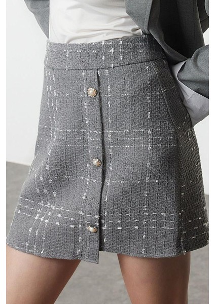 Kadın Moda Stil Mini Astarsız Dokuma Düğmeli Tüvit Kumaş Mini Dokuma Etek