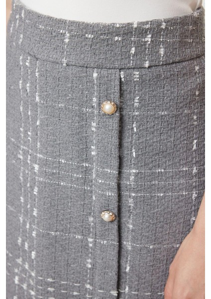 Kadın Moda Stil Mini Astarsız Dokuma Düğmeli Tüvit Kumaş Mini Dokuma Etek