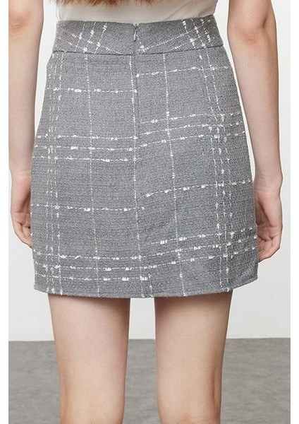 Kadın Moda Stil Mini Astarsız Dokuma Düğmeli Tüvit Kumaş Mini Dokuma Etek