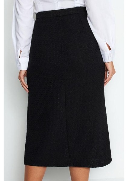 Kadın Moda Stil Midi Astarsız Dokuma Tüvit Kumaş Düğme Detaylı Midi Dokuma Etek