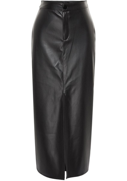 Kadın Moda Stil Maxi Astarsız Örme Yırtmaçlı Suni Deri Yüksek Bel Maxi Örme Etek