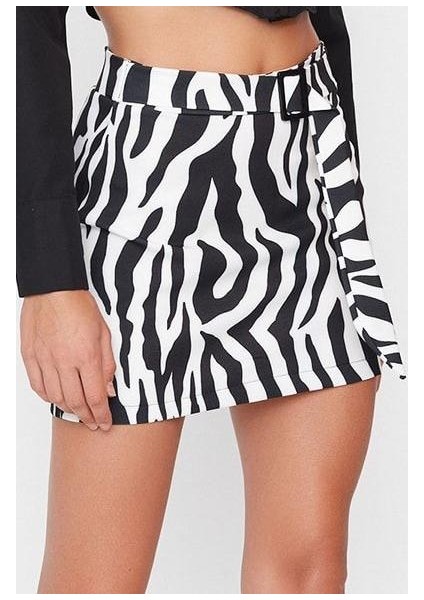 Kadın Moda Stil Mini Astarsız Dokuma Hayvan Desenli Kemerli Mini Dokuma Etek