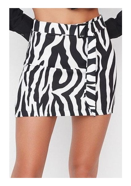 Kadın Moda Stil Mini Astarsız Dokuma Hayvan Desenli Kemerli Mini Dokuma Etek