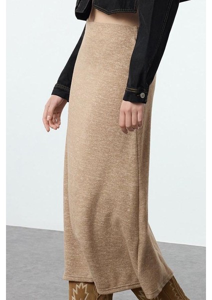 Kadın Moda Stil Maxi Astarsız Örme Yüksek Bel Kloş Form Midi Boy Yumoş Örme Etek