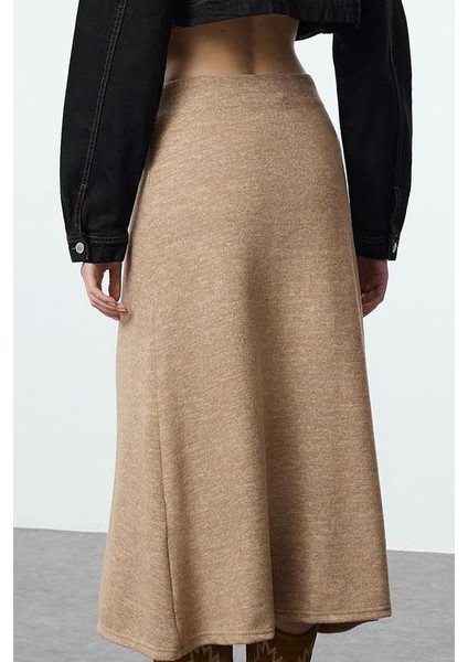 Kadın Moda Stil Maxi Astarsız Örme Yüksek Bel Kloş Form Midi Boy Yumoş Örme Etek