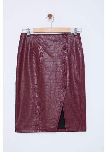 Kadın Moda Stil Midi Astarsız Dokuma Limited Edition Suni Yılan Derisi Yırtmaç Detaylı Dokuma Etek