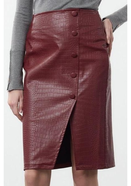 Kadın Moda Stil Midi Astarsız Dokuma Limited Edition Suni Yılan Derisi Yırtmaç Detaylı Dokuma Etek