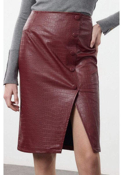 Kadın Moda Stil Midi Astarsız Dokuma Limited Edition Suni Yılan Derisi Yırtmaç Detaylı Dokuma Etek