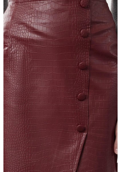 Kadın Moda Stil Midi Astarsız Dokuma Limited Edition Suni Yılan Derisi Yırtmaç Detaylı Dokuma Etek