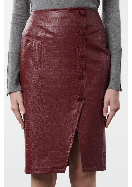 Kadın Moda Stil Midi Astarsız Dokuma Limited Edition Suni Yılan Derisi Yırtmaç Detaylı Dokuma Etek