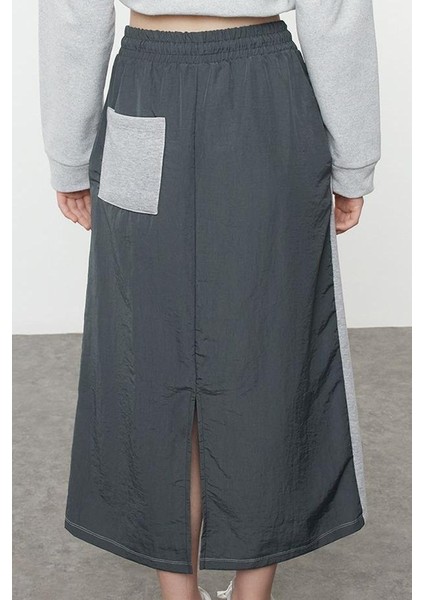 Kadın Moda Stil Maxi Astarsız Örme Paraşüt Detaylı Lastik Bel Relaxed Rahat Kalıp Midi Etek