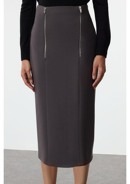 Kadın Moda Stil Midi Astarsız Dokuma Önden Fermuar Detaylı Midi Boy Etek