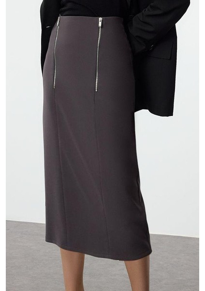 Kadın Moda Stil Midi Astarsız Dokuma Önden Fermuar Detaylı Midi Boy Etek