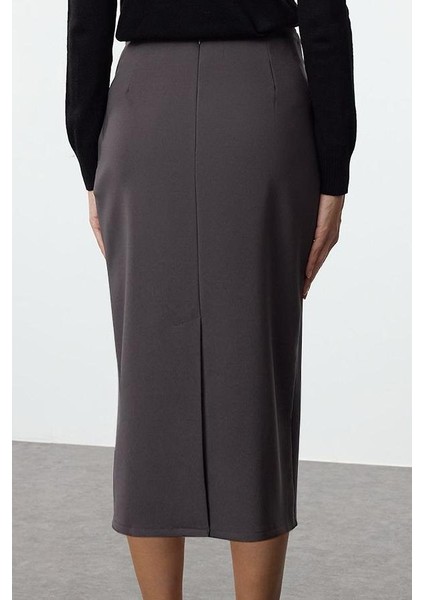 Kadın Moda Stil Midi Astarsız Dokuma Önden Fermuar Detaylı Midi Boy Etek