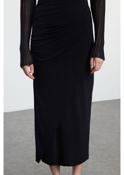 Kadın Moda Stil Maxi Astarsız Örme Büzgü Drape Detaylı Maxi Anvelop Esnek Etek