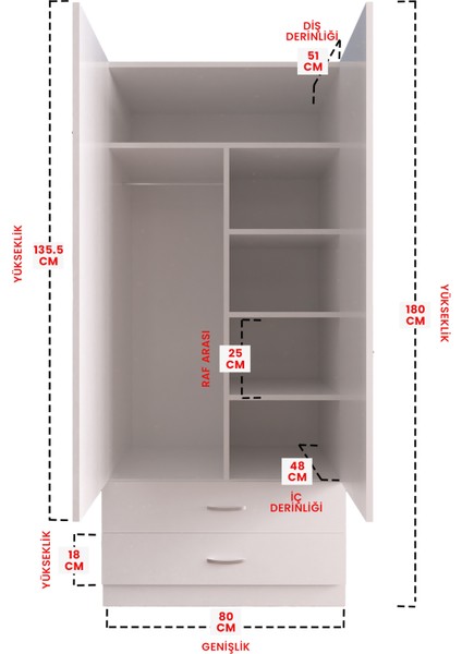 Aynalı 2 Kapaklı Gardırop 5 Raflı 2 Çekmeceli Askılı Elbise Dolabı fırsatları