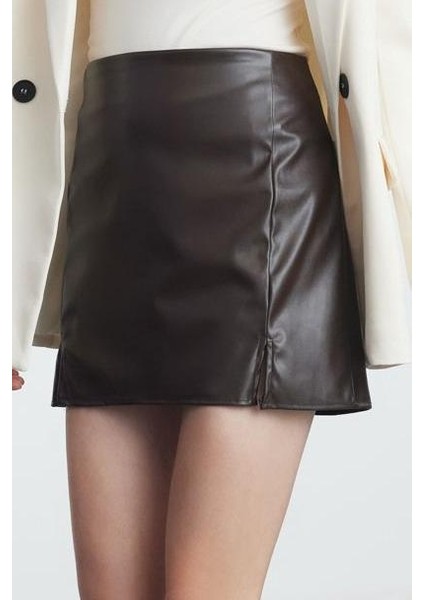 Kadın Moda Stil Mini Astarsız Suni Deri Suni Deri Yırtmaçlı Mini Etek modelleri