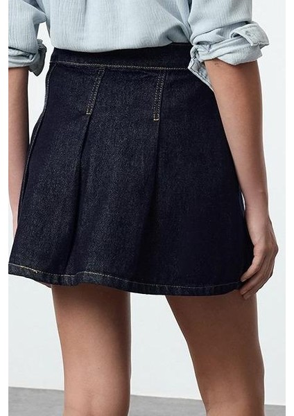 Kadın Moda Stil Mini Astarsız Denim Pileli Yüksek Bel Mini Denim Etek