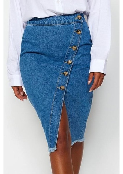 Kadın Moda Stil Midi Astarsız Denim Düğme Detaylı Yırtmaçlı Midi Denim Etek