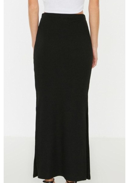 Kadın Moda Stil Maxi Astarsız Örme Yırtmaç Detaylı Vücuda Oturan Yüksek Bel Fitilli Esnek Örme Etek