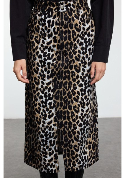 Kadın Moda Stil Maxi Astarsız Dokuma Animal Leopar Desenli Önden Yırtmaçlı Maxi Boy Dokuma Etek