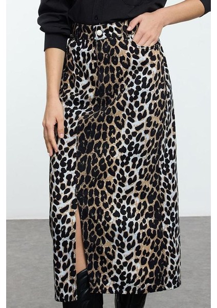 Kadın Moda Stil Maxi Astarsız Dokuma Animal Leopar Desenli Önden Yırtmaçlı Maxi Boy Dokuma Etek