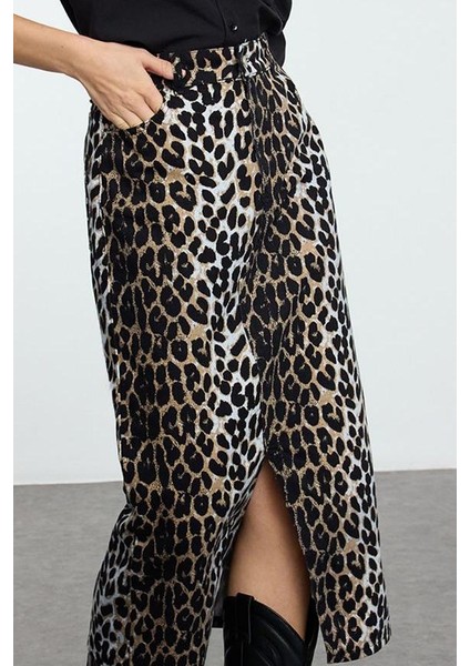 Kadın Moda Stil Maxi Astarsız Dokuma Animal Leopar Desenli Önden Yırtmaçlı Maxi Boy Dokuma Etek