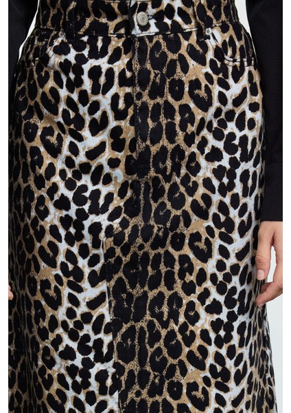 Kadın Moda Stil Maxi Astarsız Dokuma Animal Leopar Desenli Önden Yırtmaçlı Maxi Boy Dokuma Etek