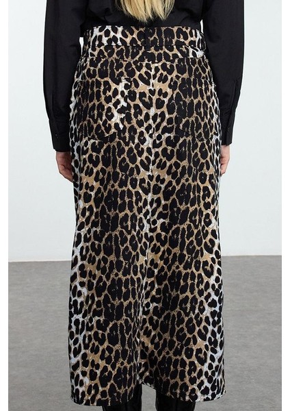 Kadın Moda Stil Maxi Astarsız Dokuma Animal Leopar Desenli Önden Yırtmaçlı Maxi Boy Dokuma Etek