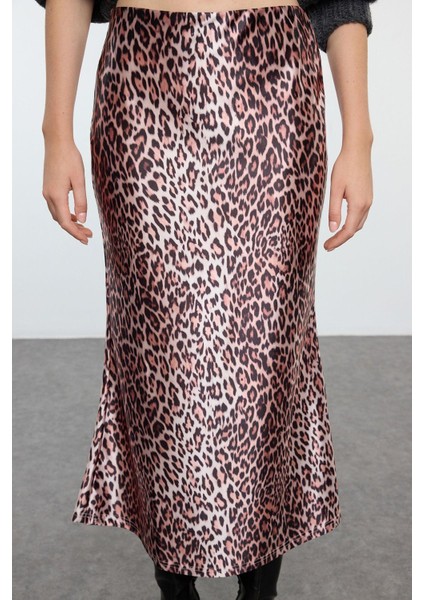 Kadın Moda Stil Maxi Astarsız Örme Leopar Desenli Saten Maxi Örme Etek