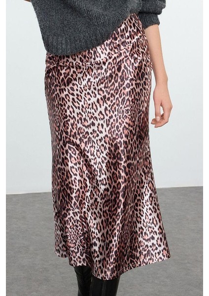 Kadın Moda Stil Maxi Astarsız Örme Leopar Desenli Saten Maxi Örme Etek