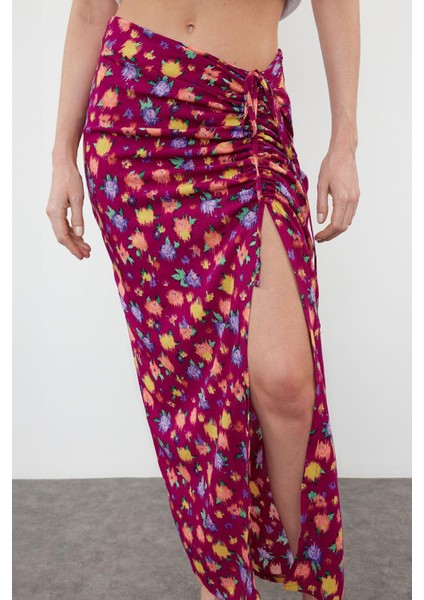 Kadın Moda Stil Maxi Astarsız Dokuma Desenli Yırtmaç Detaylı Midi Boy Dokuma Etek