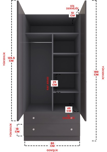 Çocuk Odası 2 Kapaklı Dream House Gardırop 5 Raflı 2 Çekmeceli Askılı Elbise Dolabı indirimleri