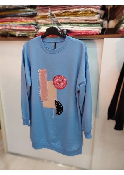 Bisiklet Yaka Uzun Sweatshirt Geometri Mavi