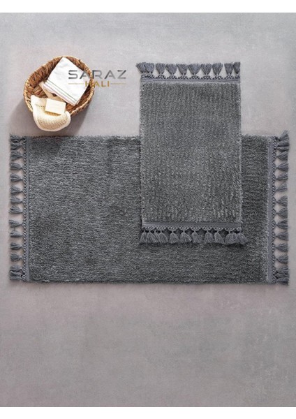 Saçaklı Banyo Paspası 2'li, Kaymaz, Orta Yükseklik, Antrasit, 60x100 cm