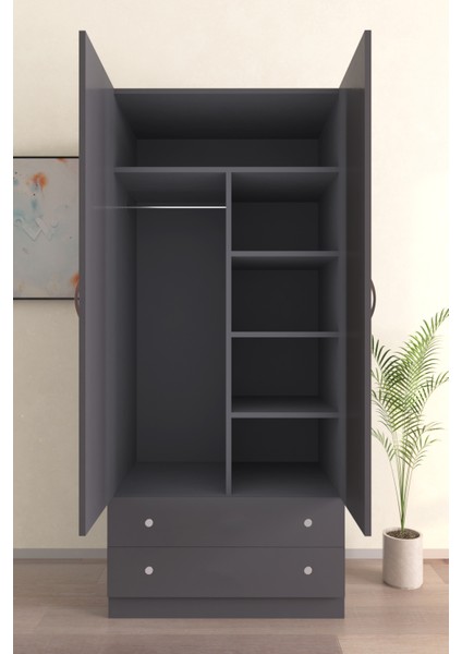 Çocuk Odası 2 Kapaklı Bamboo Gardırop 5 Raflı 2 Çekmeceli Askılı Elbise Dolabı fırsatları