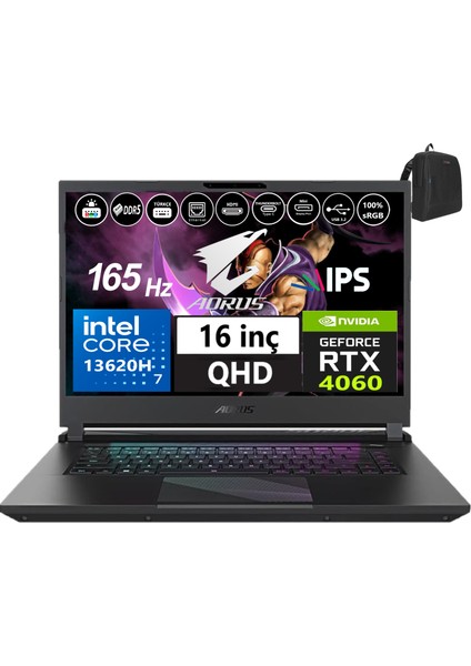 Aorus 15 Bkf Intel Core I7-13620H 64GB Ddr5 1tb SSD 8GB/RTX4060 140W WINDOWS11PRO 15.6" 165Hz Qhd IPS Taşınabilir Bilgisayar GB15ARSH3TR75W54+WEBLEGELSINÇANTA