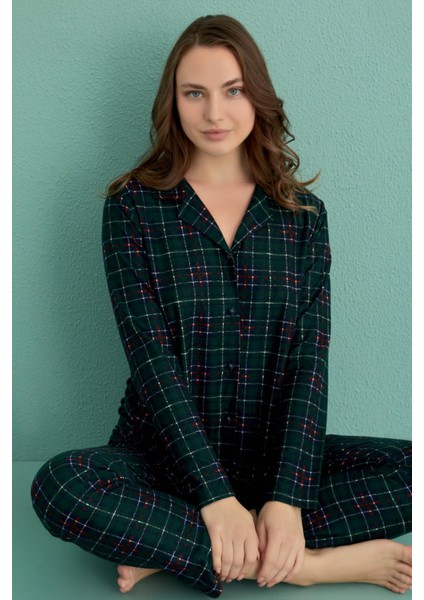 Kadın Uzun Kol Süet Gömlek Yaka Yeşil Pijama Takımı C2T0N5O01-17