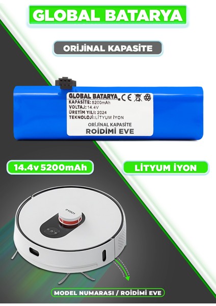 Roidmi Eve Uyumlu Akıllı Robot Süpürge Bataryası 14.4V 5200MAH Li-Ion Pil ( Kapasite)