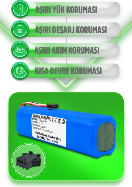 Roidmi Eve Uyumlu Akıllı Robot Süpürge Bataryası 14.4V 5200MAH Li-Ion Pil ( Kapasite)