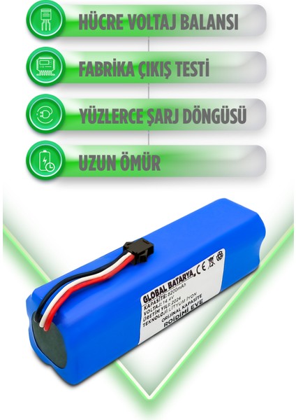 Roidmi Eve Uyumlu Akıllı Robot Süpürge Bataryası 14.4V 5200MAH Li-Ion Pil ( Kapasite)