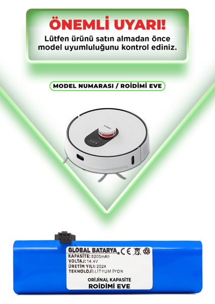 Roidmi Eve Uyumlu Akıllı Robot Süpürge Bataryası 14.4V 5200MAH Li-Ion Pil ( Kapasite)