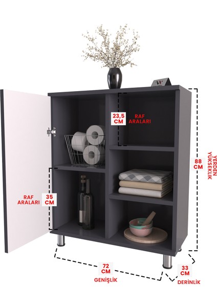 3 Raflı Tek Kapak Twisted Lines Çok Amaçlı Dolabı Mutfak Kiler Banyo Balkon Erzak Dolabı