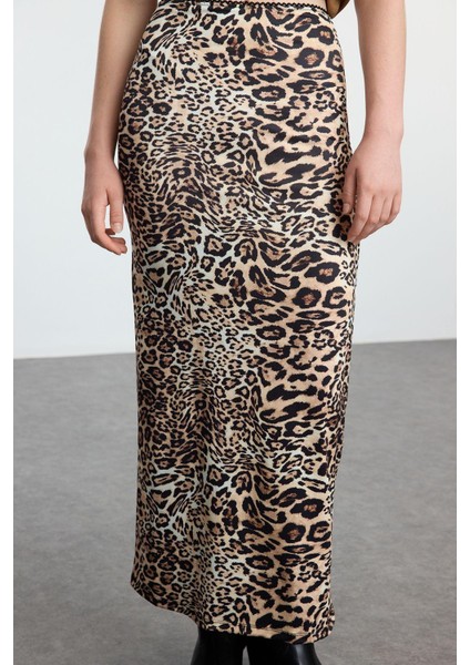 Kadın Moda Stil Maxi Astarsız Örme Kahverengi Leopar Animal Baskılı Beli Lastikli Maxi Kalem Etek