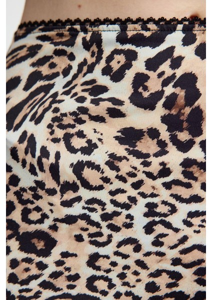 Kadın Moda Stil Maxi Astarsız Örme Kahverengi Leopar Animal Baskılı Beli Lastikli Maxi Kalem Etek