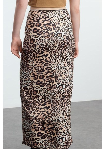 Kadın Moda Stil Maxi Astarsız Örme Kahverengi Leopar Animal Baskılı Beli Lastikli Maxi Kalem Etek